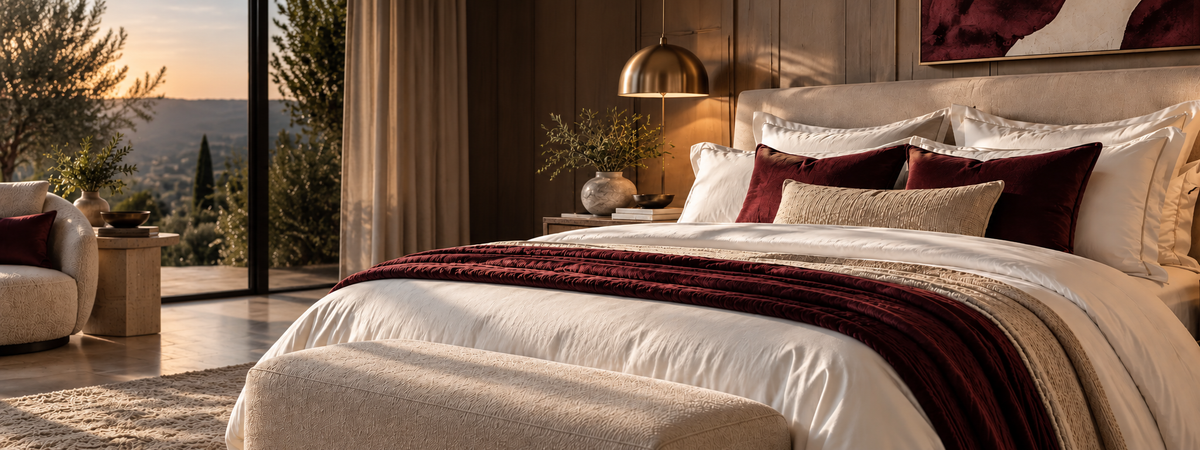 Bedroom with neutral bedding